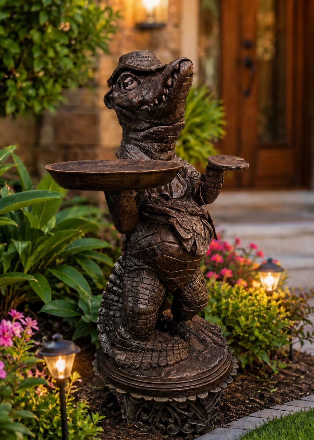 Alligator statue with tray in Dark Bronze finish in a landscaped garden