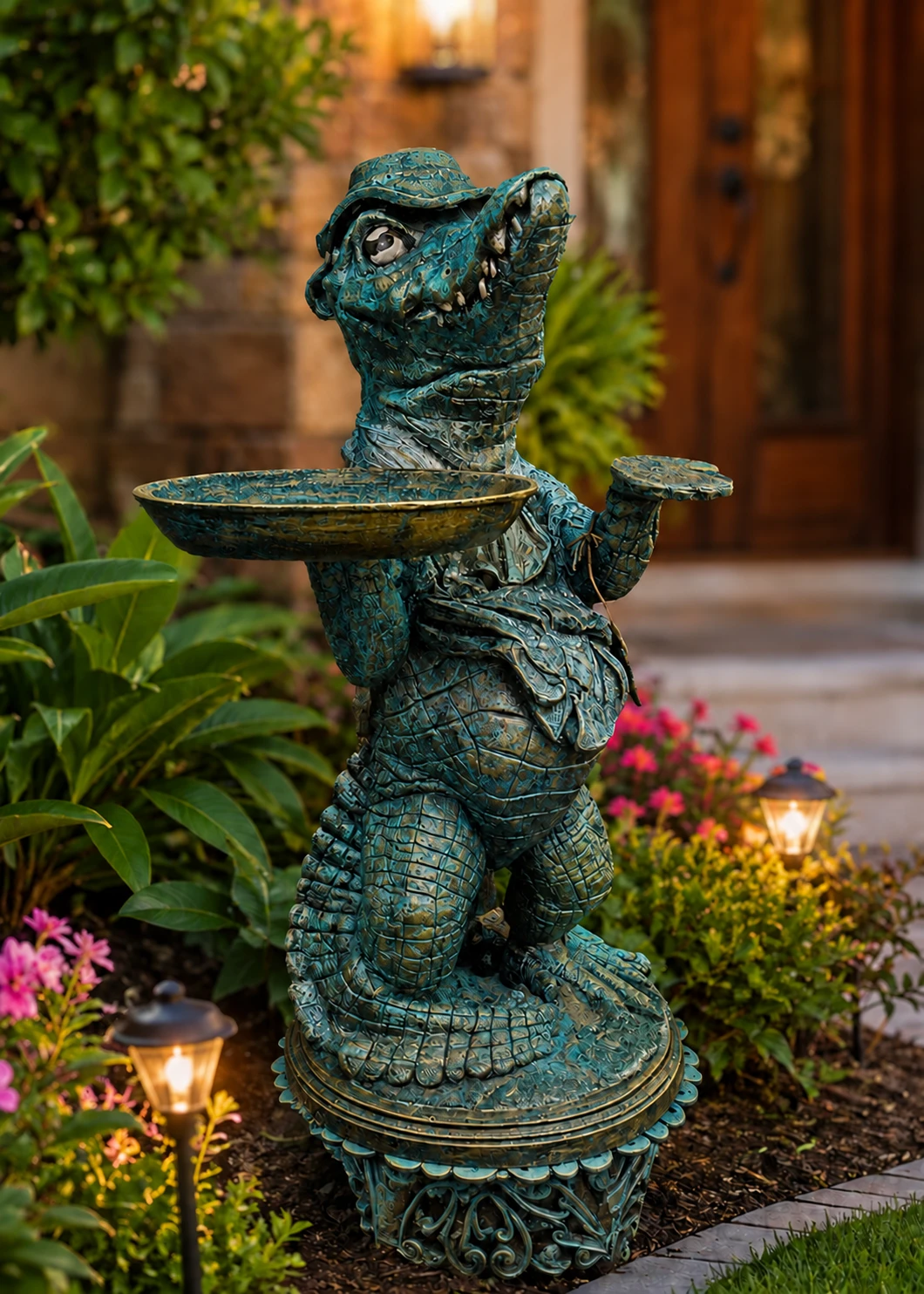 Alligator statue with tray in Ocean Patina finish in a landscaped garden
