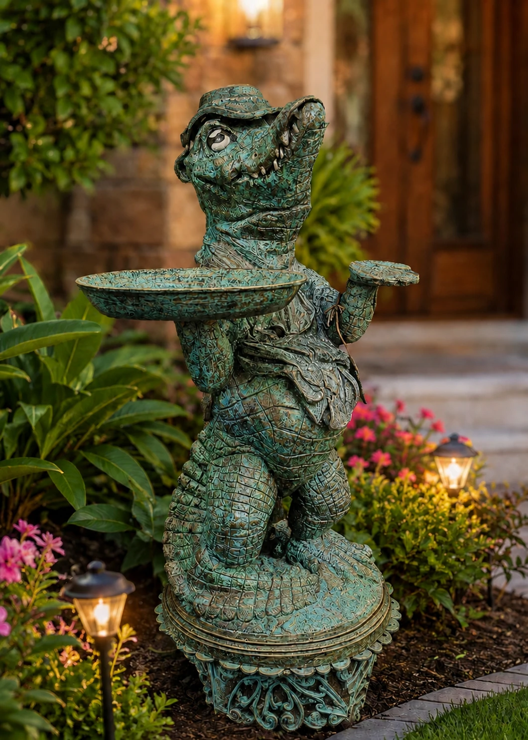 Alligator statue with tray in Verdigris Patina finish in a landscaped garden