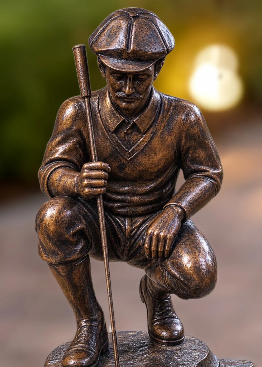 Close up of Golfer statue outdoor mailbox in Antique Bronze finish beside a landscaped driveway