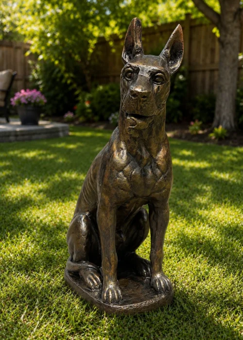 Great Dane dog statue in bronze finish displayed in a garden