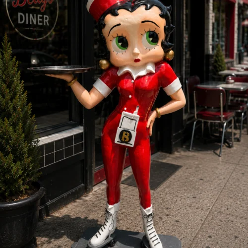 Life-size Betty Boop car hop waitress statue holding tray