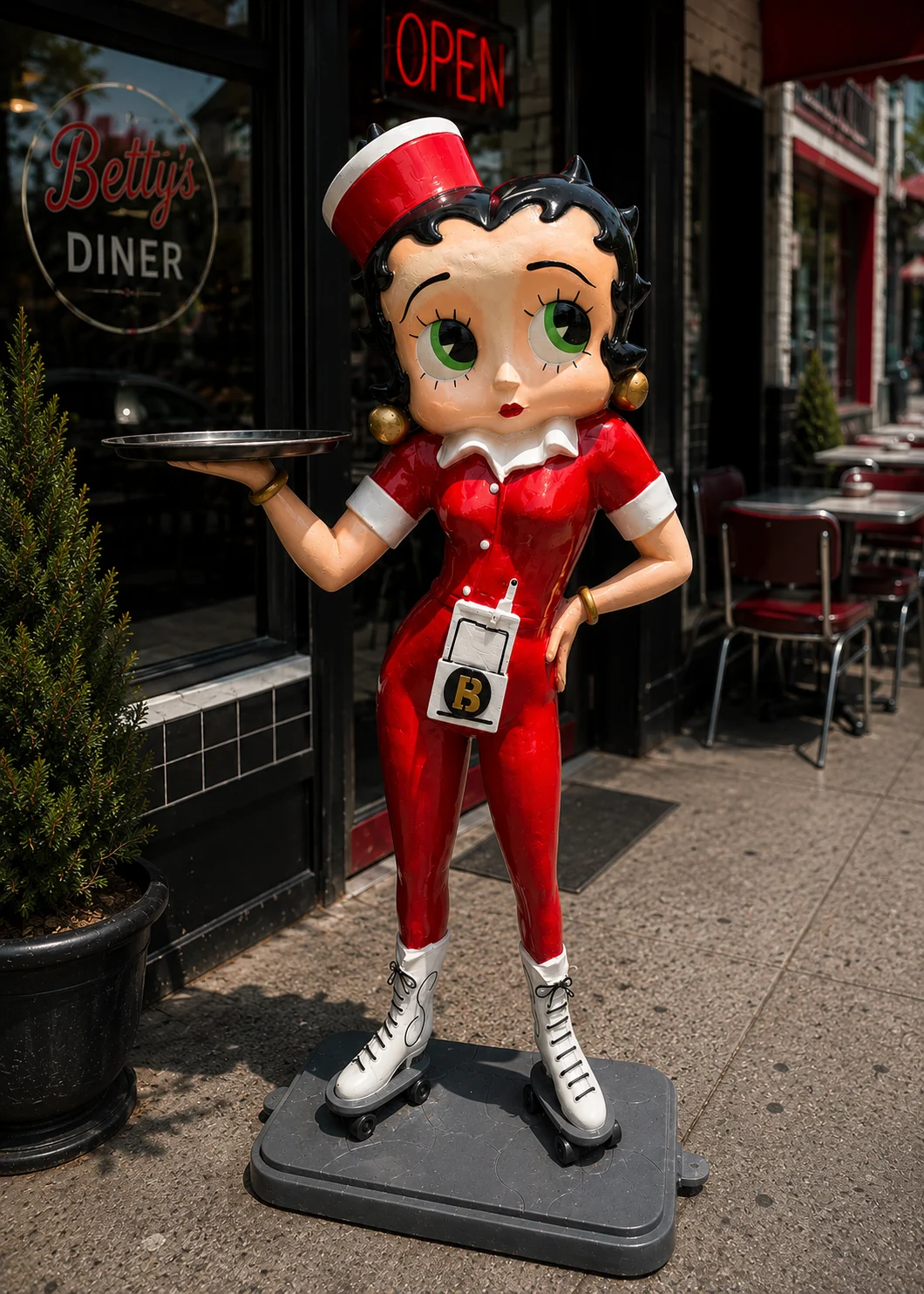 Life-size Betty Boop car hop waitress statue holding tray