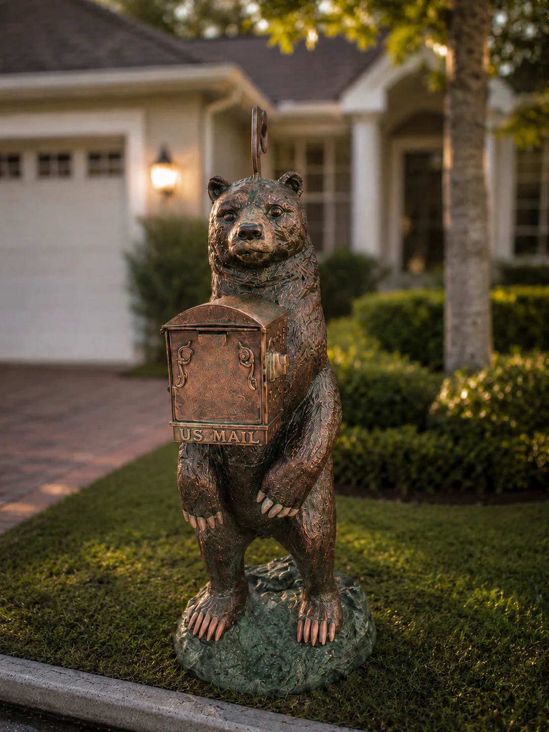 Bear mailbox statue in aged copper finish for outdoor driveway decor