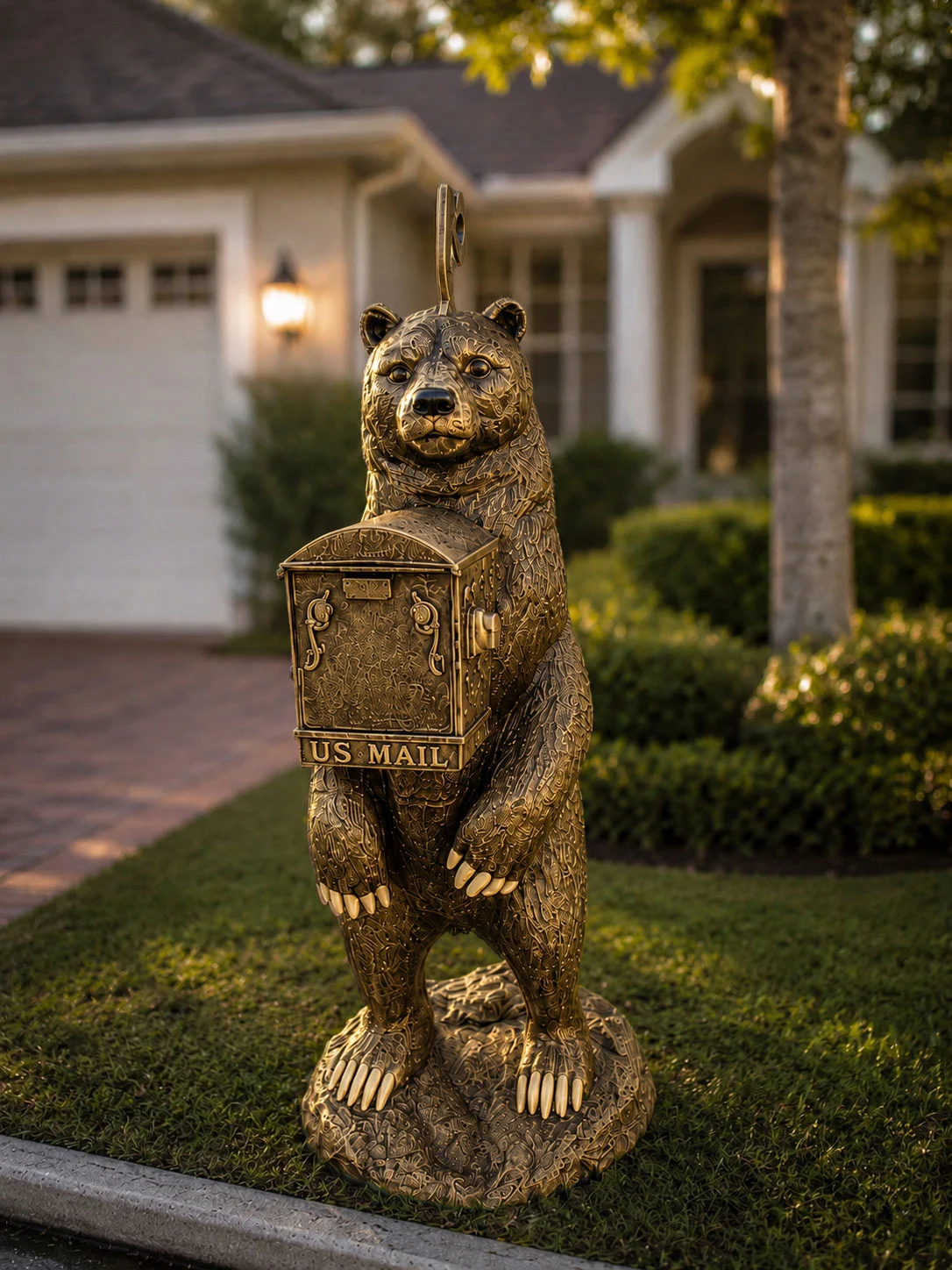 Bear mailbox statue in antique gold finish for outdoor driveway decor
