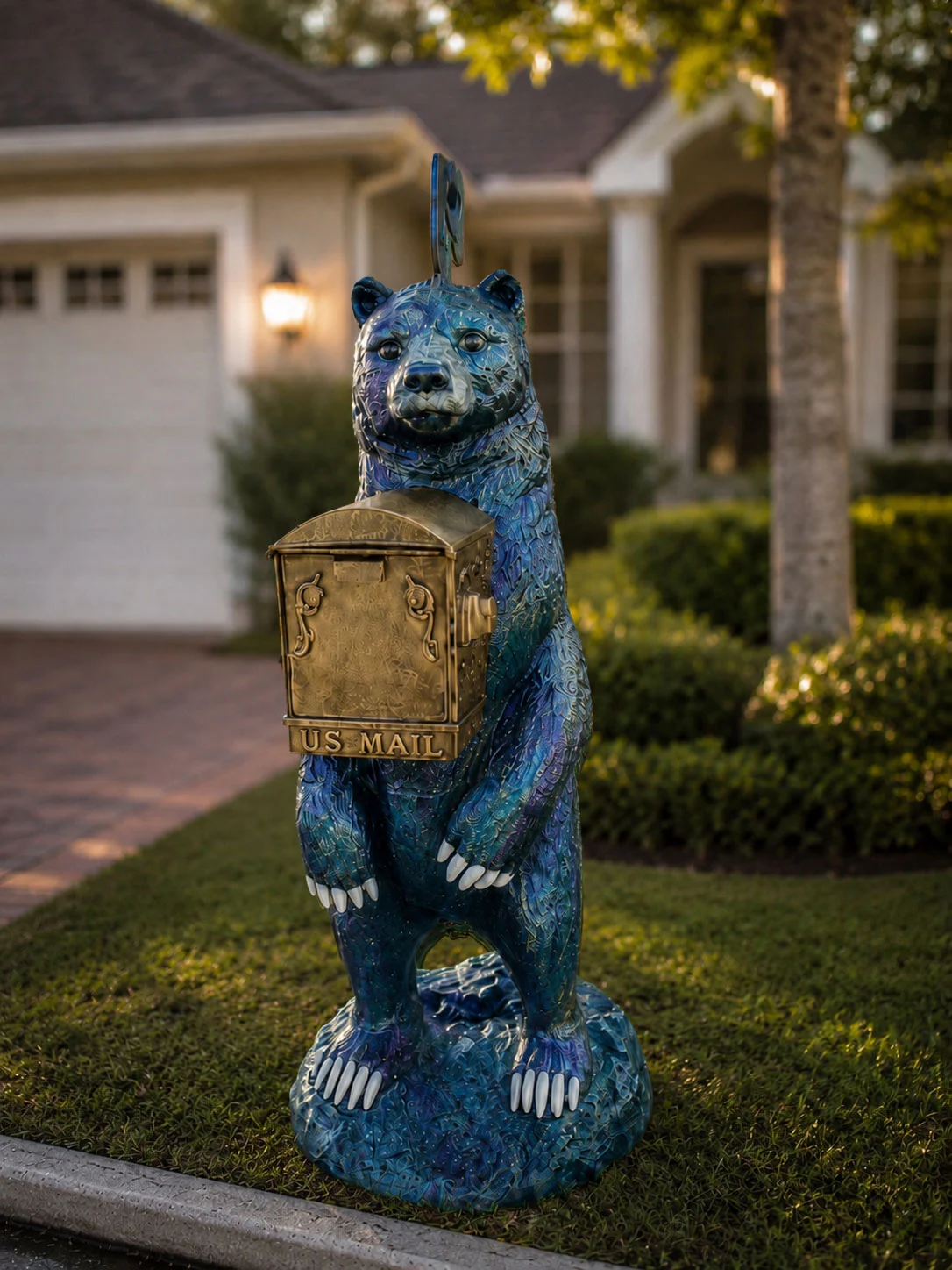 Bear mailbox statue in coastal blue finish for outdoor driveway decor