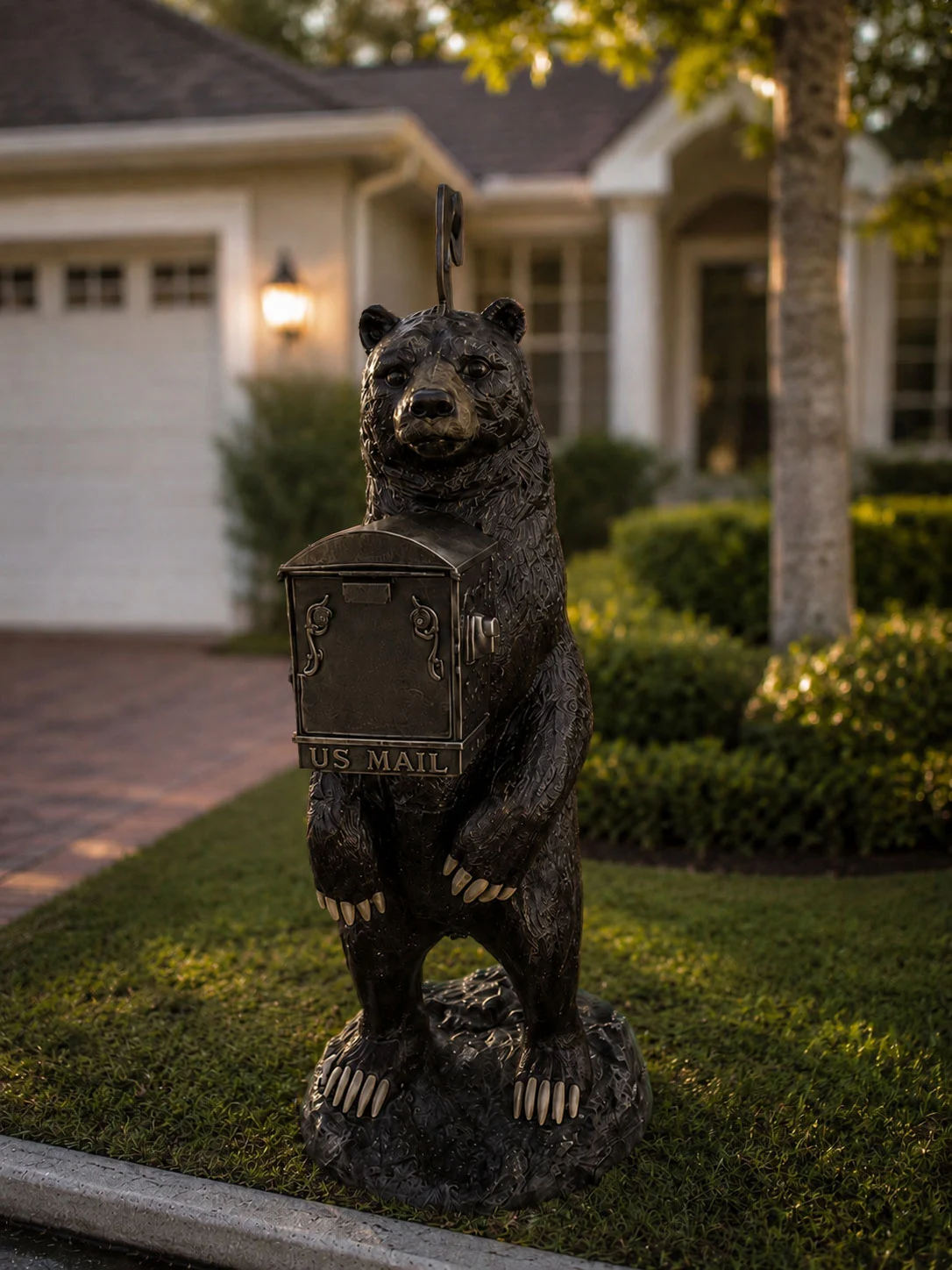 Bear mailbox statue in dark bronze finish for outdoor driveway decor