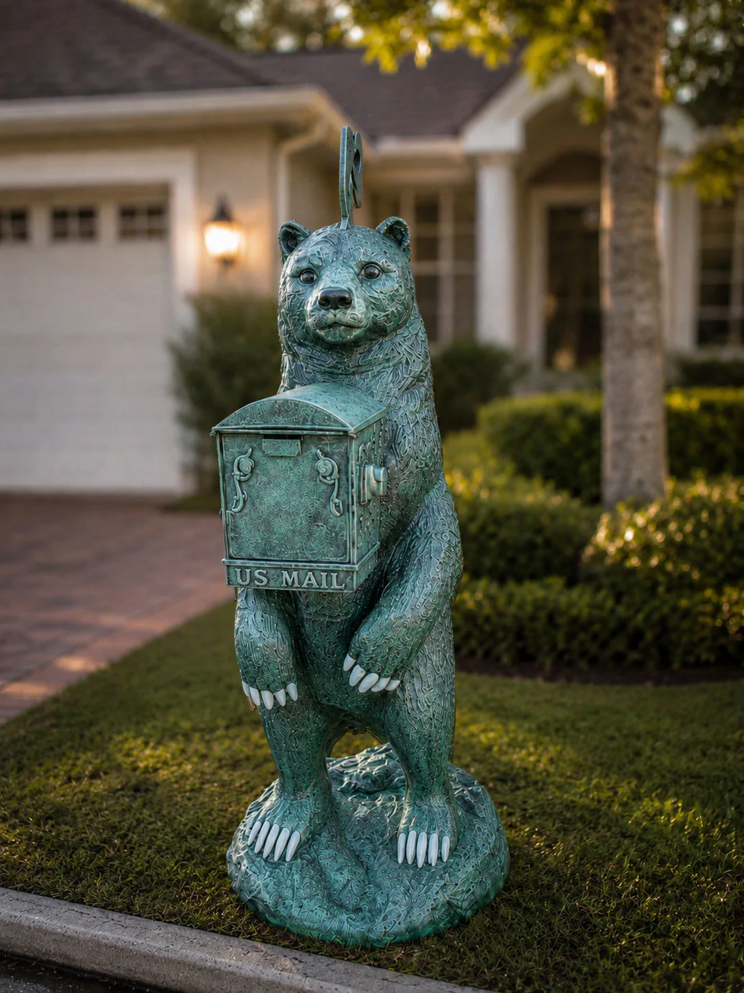 Bear mailbox statue in Ocean Patina finish for outdoor driveway decor