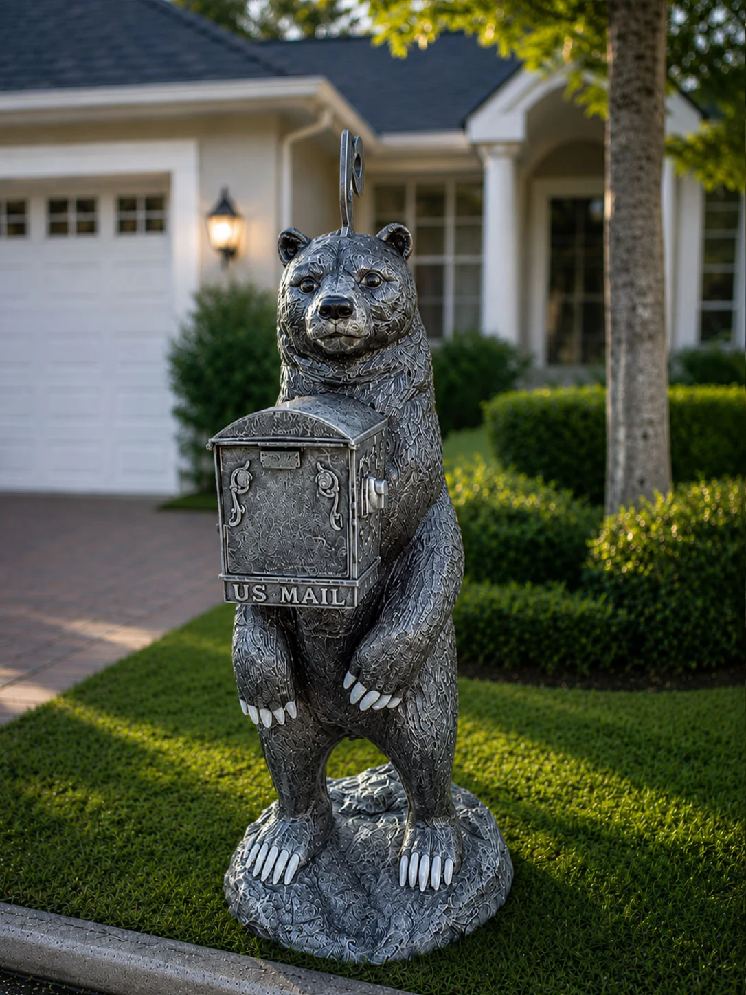 Bear mailbox statue in silver patina finish for outdoor driveway decor