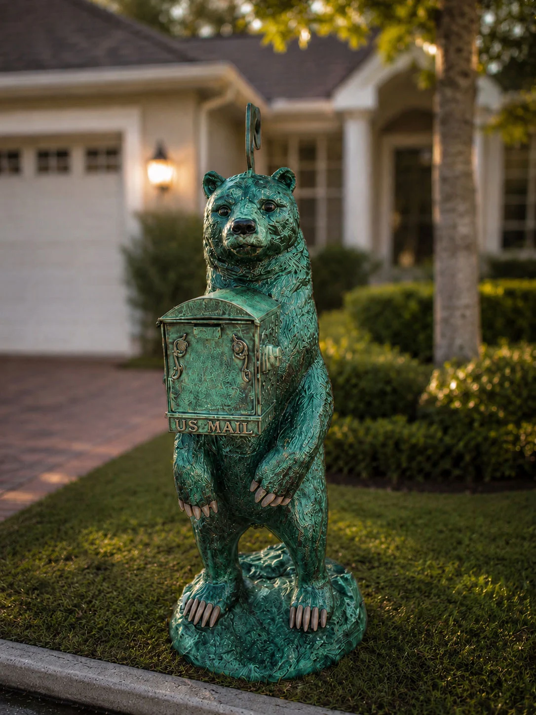 Bear mailbox statue in Verdigris Patina finish for outdoor driveway decor