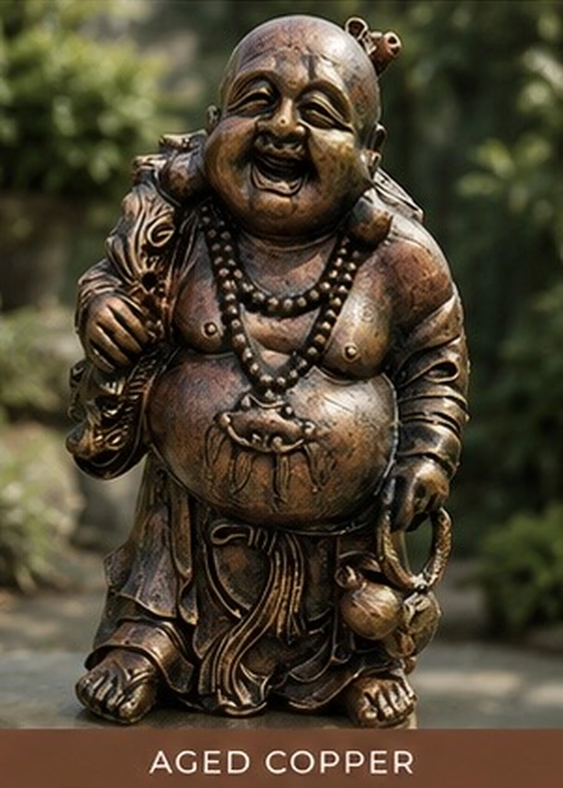 Hand-painted Laughing Buddha statue in aged copper finish