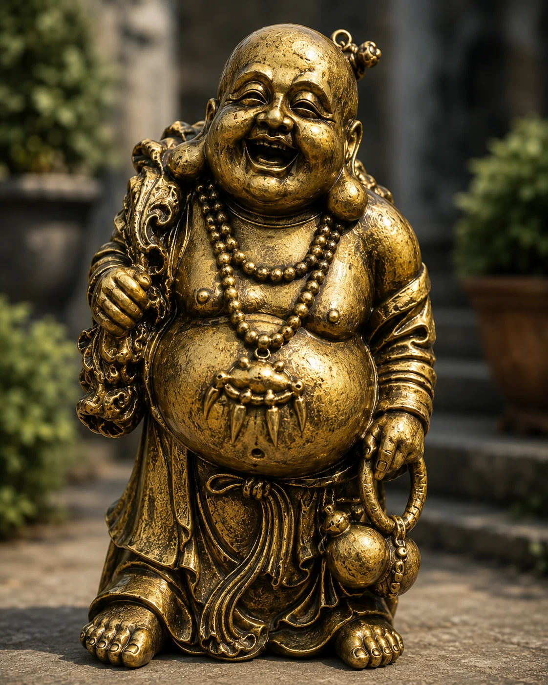 Hand-painted Laughing Buddha statue in antique gold finish