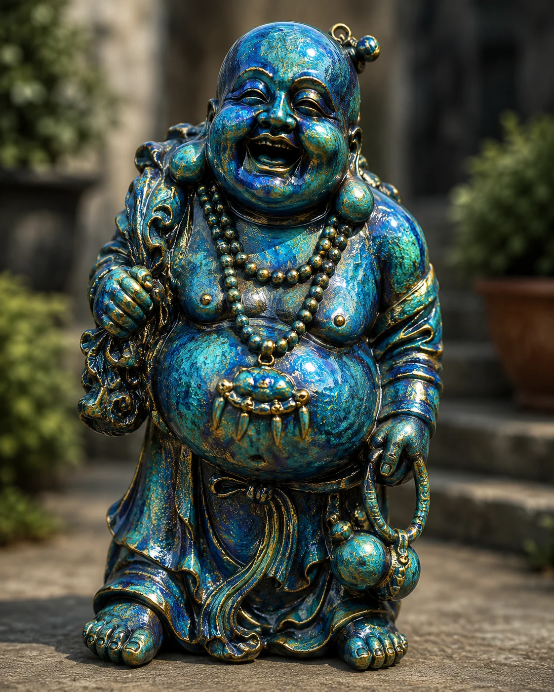 Hand-painted Laughing Buddha statue in coastal blue finish