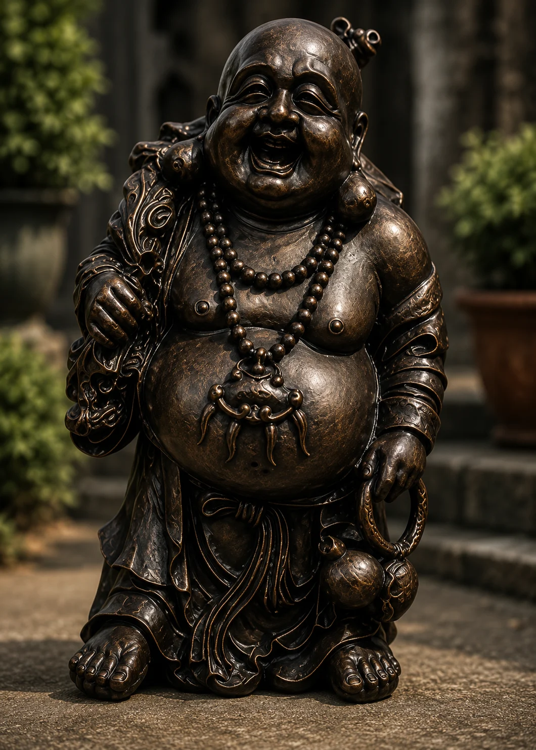 Hand-painted Laughing Buddha statue in dark bronze finish