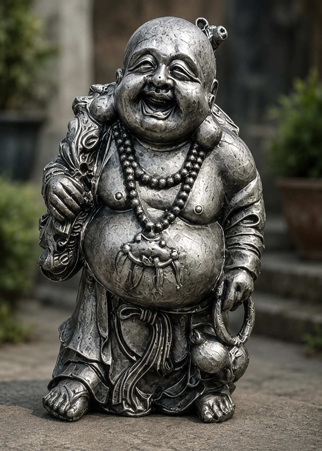 Hand-painted Laughing Buddha statue in silver patina finish