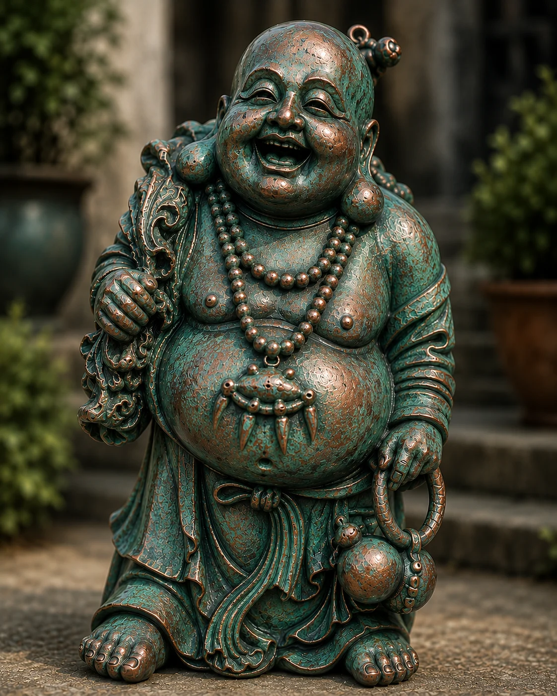 Hand-painted Laughing Buddha statue in verdigris patina finish