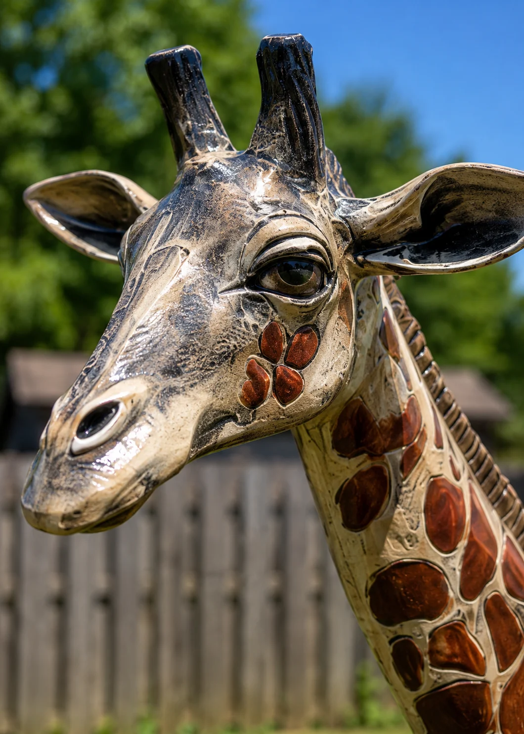 Life size giraffe statue for outdoor showing close up of hand painted details at statues and sculpture shop