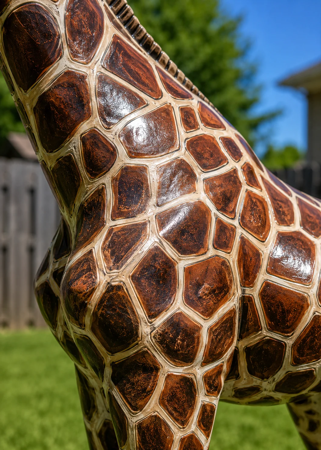 Life size giraffe statue for outdoor showing close up of hand painted details at statues and sculpture shop