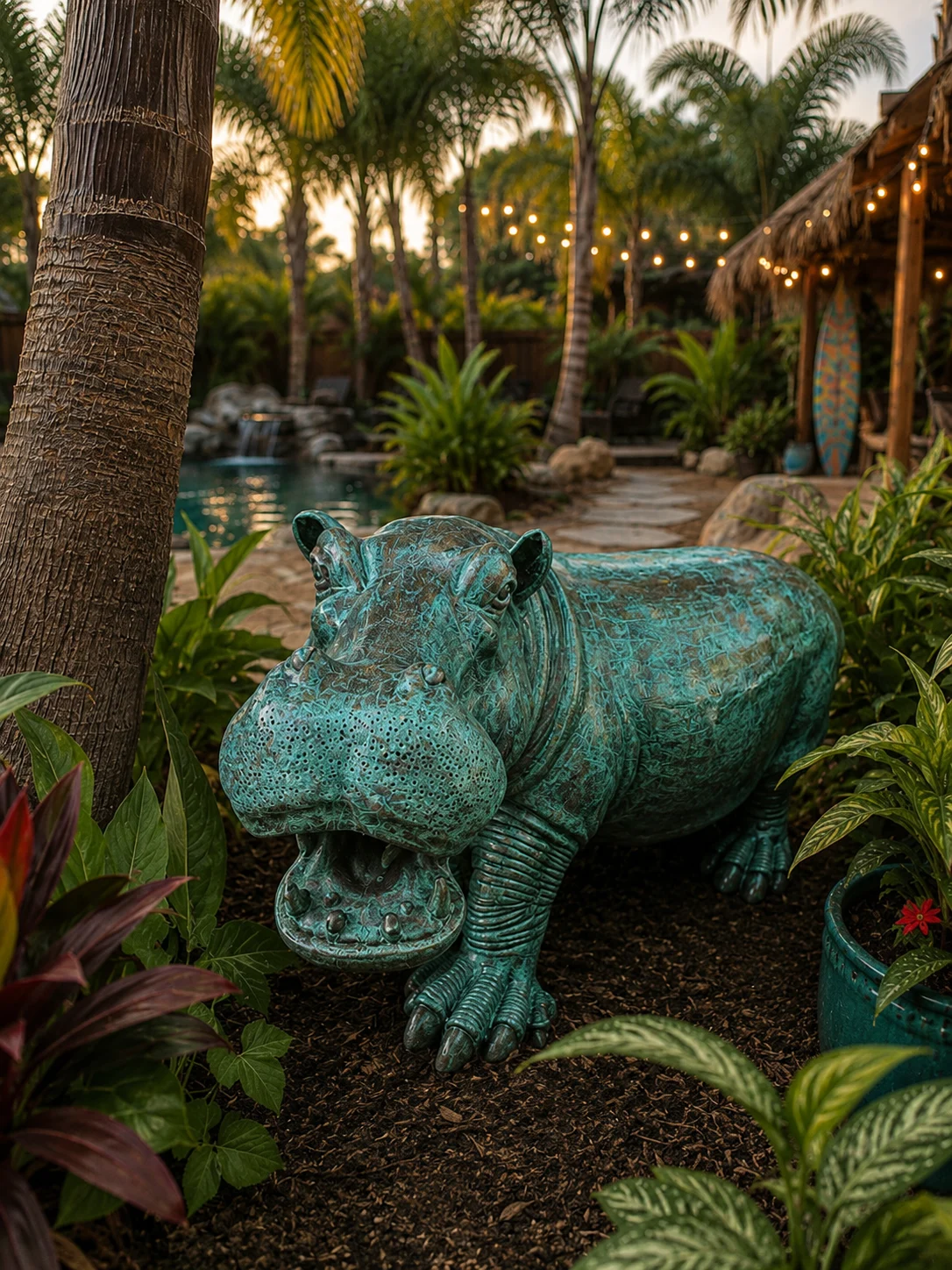 Large hippo garden statue in ocean patina finish