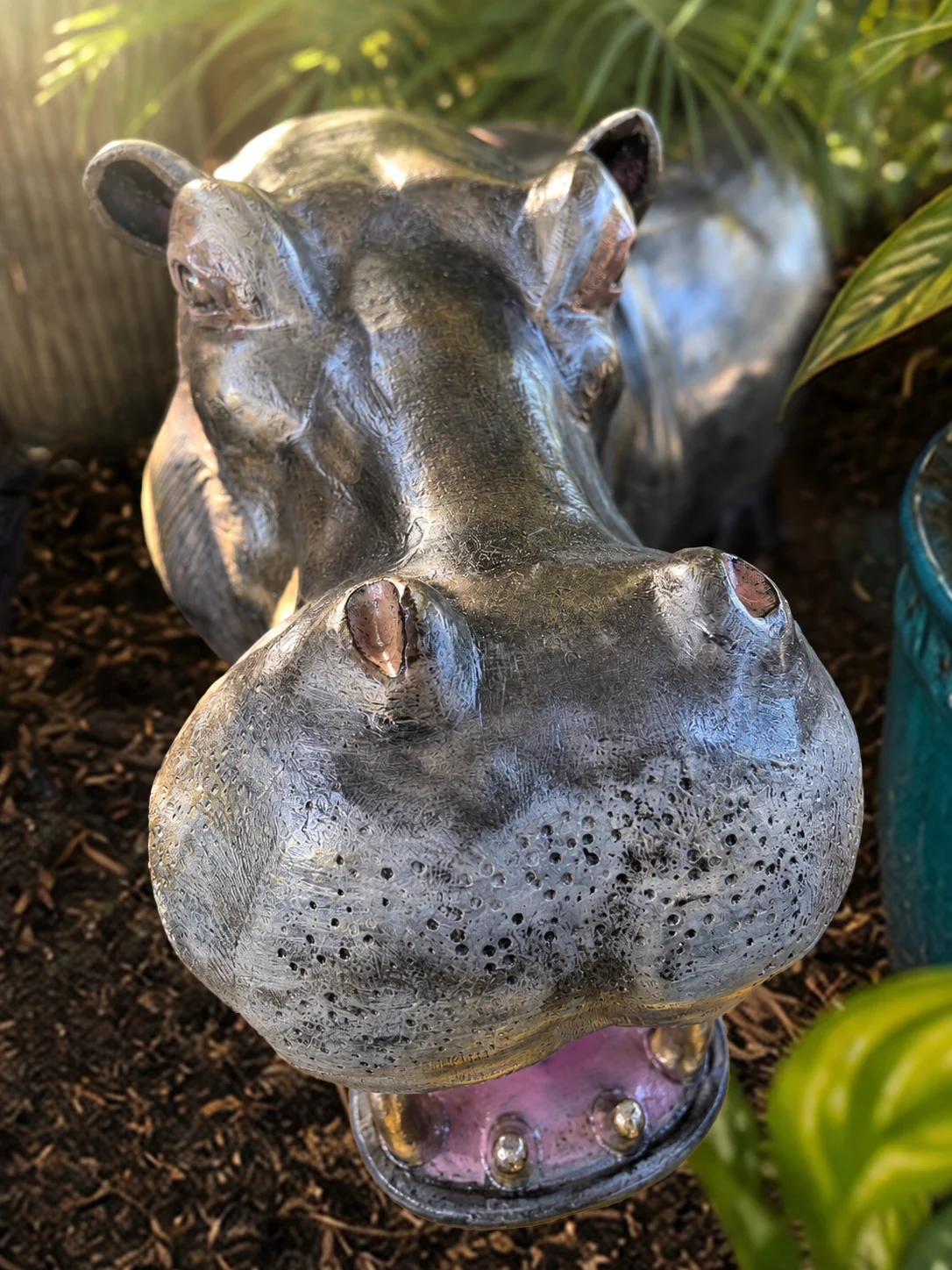 Hand-Painted Hippo Garden Statue | Aluminum Tropical Yard Sculpture