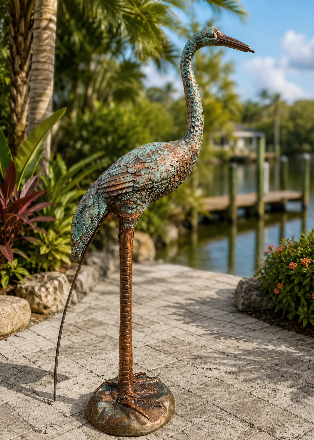 30-Inch Heron Garden Statue in Aged Copper hand-painted finish displayed in a landscaped outdoor setting