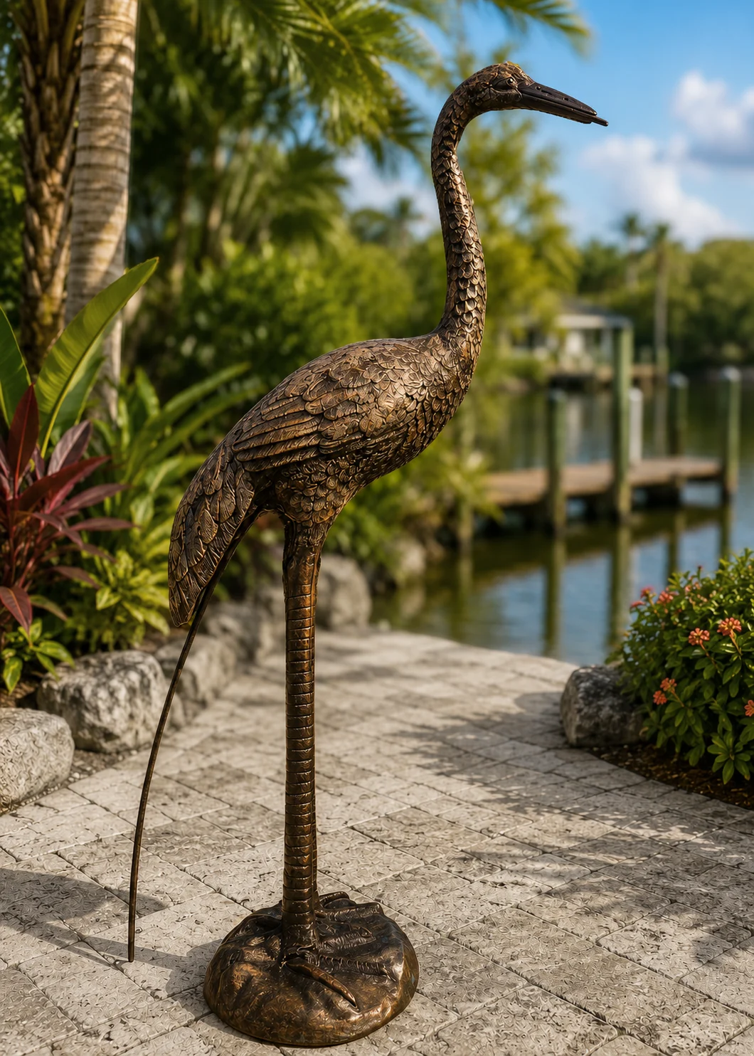 30-Inch Heron Garden Statue in Antique Bronze hand-painted finish displayed in a landscaped outdoor setting