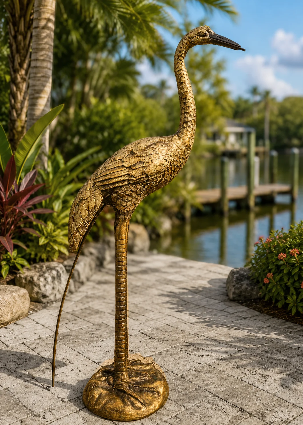 30-Inch Heron Garden Statue in Antique Gold hand-painted finish displayed in a landscaped outdoor setting