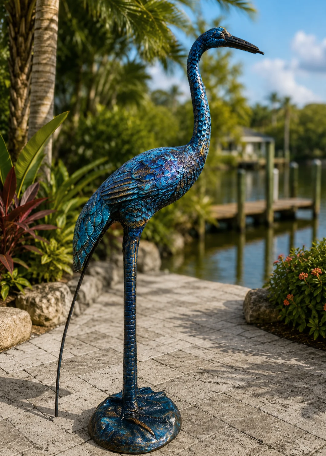 30-Inch Heron Garden Statue in Coastal Blue hand-painted finish displayed in a landscaped outdoor setting