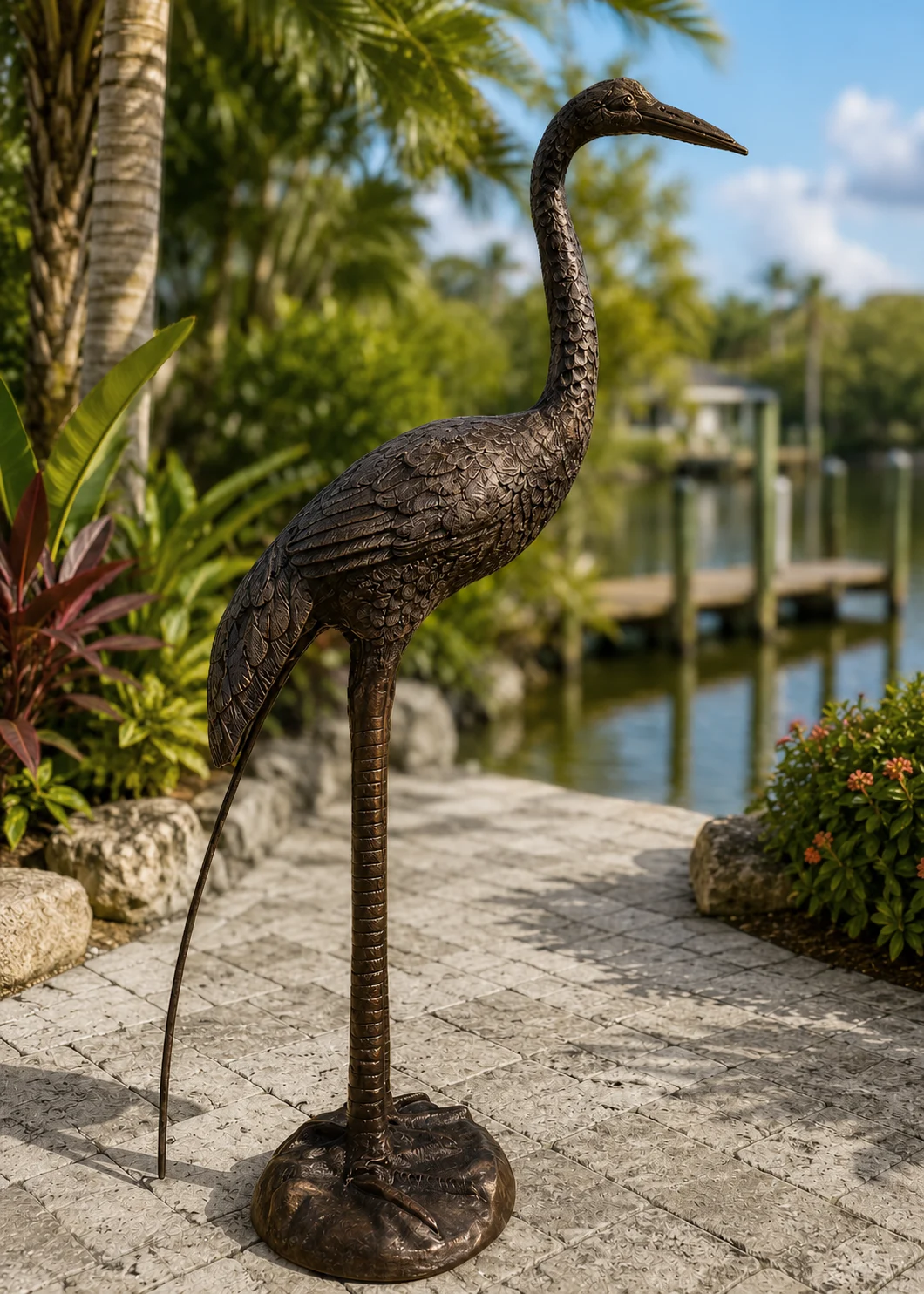30-Inch Heron Garden Statue in Dark Bronze hand-painted finish displayed in a landscaped outdoor setting