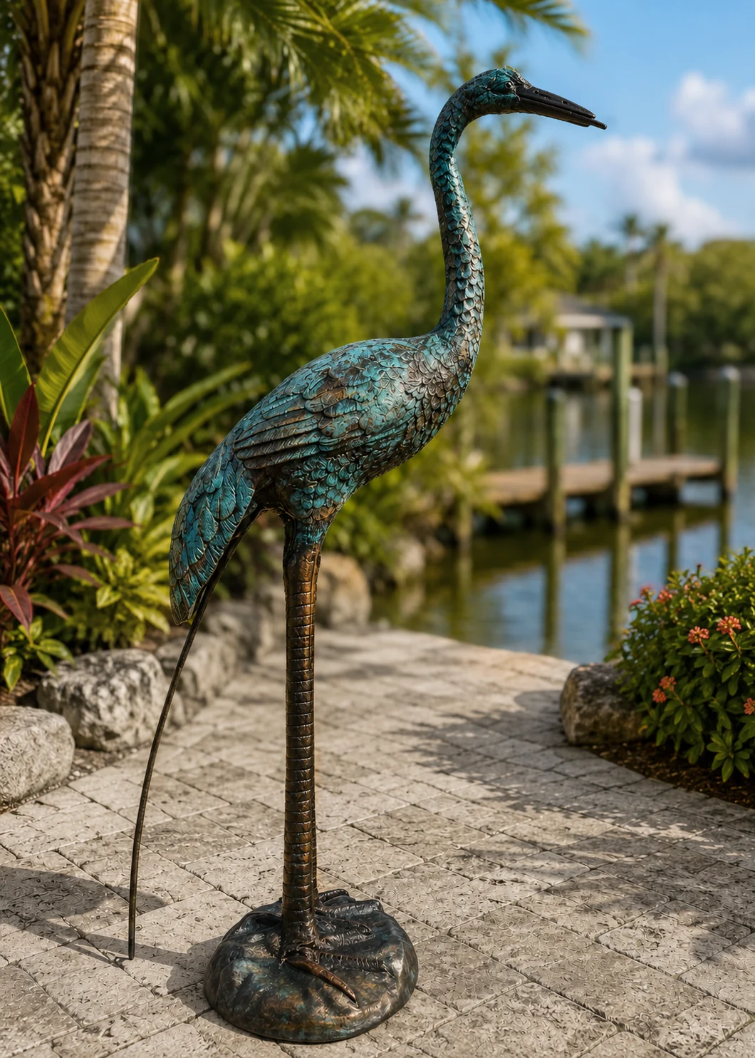 30-Inch Heron Garden Statue in Ocean Patina hand-painted finish displayed in a landscaped outdoor setting