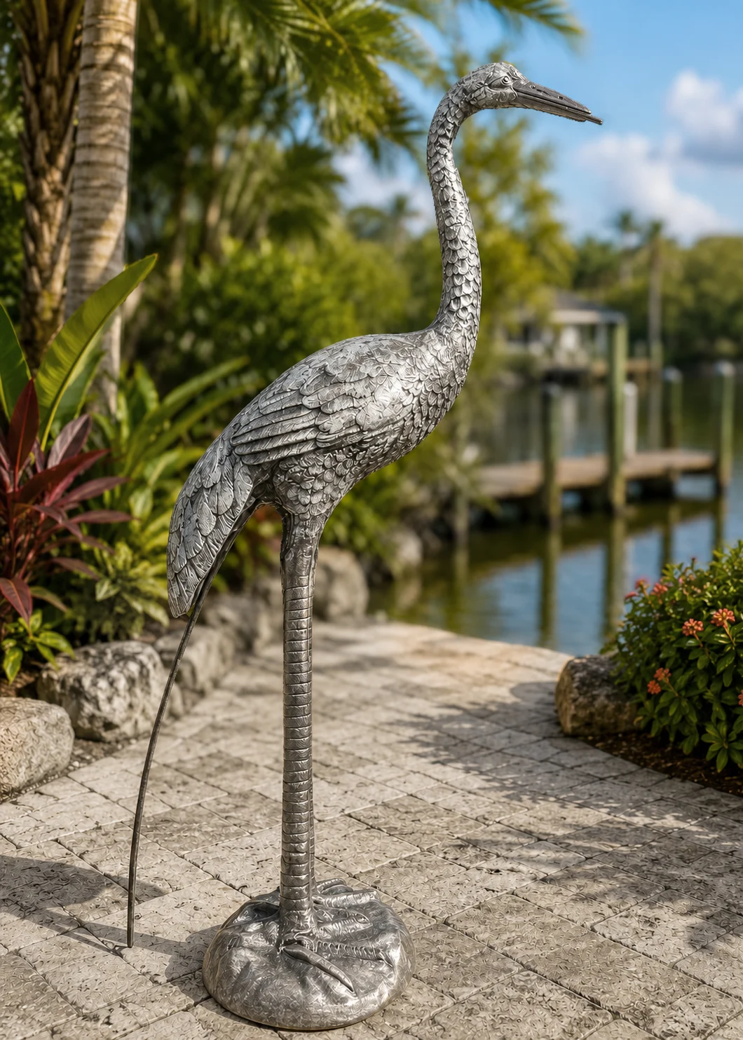 30-Inch Heron Garden Statue in Silver Patina hand-painted finish displayed in a landscaped outdoor setting