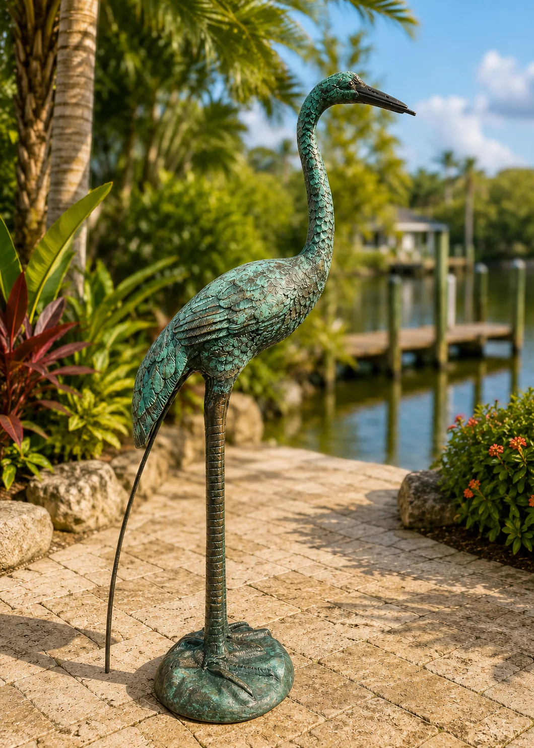 30-Inch Heron Garden Statue in Verdigris Patina hand-painted finish displayed in a landscaped outdoor setting