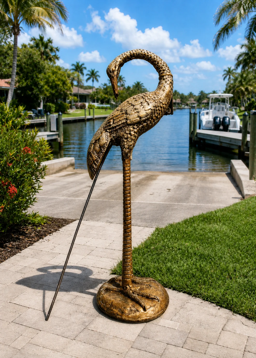 30-Inch Curved-Neck Heron Garden Statue in Antique Gold hand-painted finish displayed in a landscaped outdoor setting