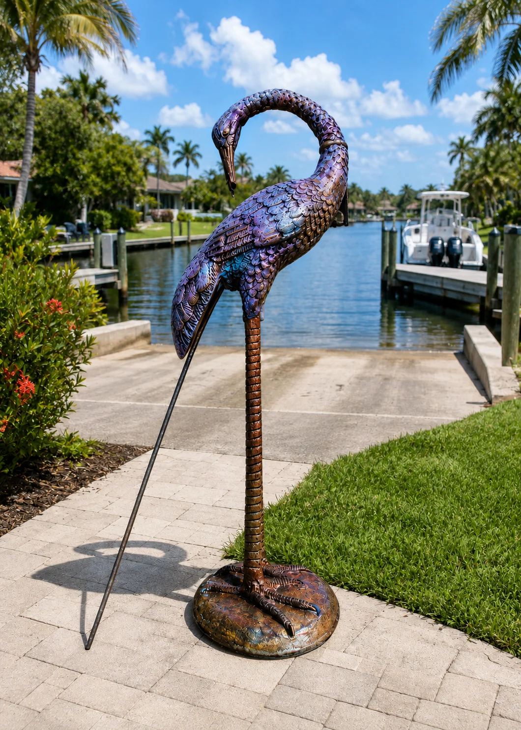 30-Inch Curved-Neck Heron Garden Statue – Hand-Painted Cast Aluminum