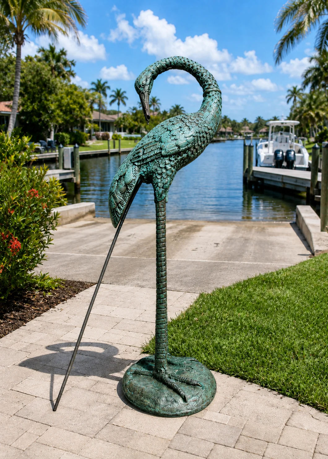 30-Inch Curved-Neck Heron Garden Statue in Verdigris Patina hand-painted finish displayed in a landscaped outdoor setting