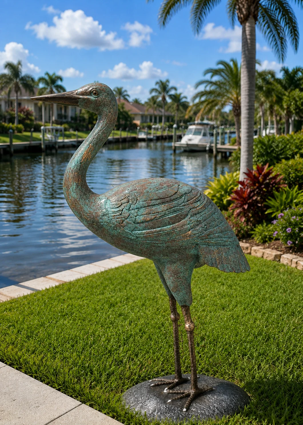 62-Inch Heron Garden Statue in Aged Copper hand-painted finish displayed in a landscaped outdoor setting