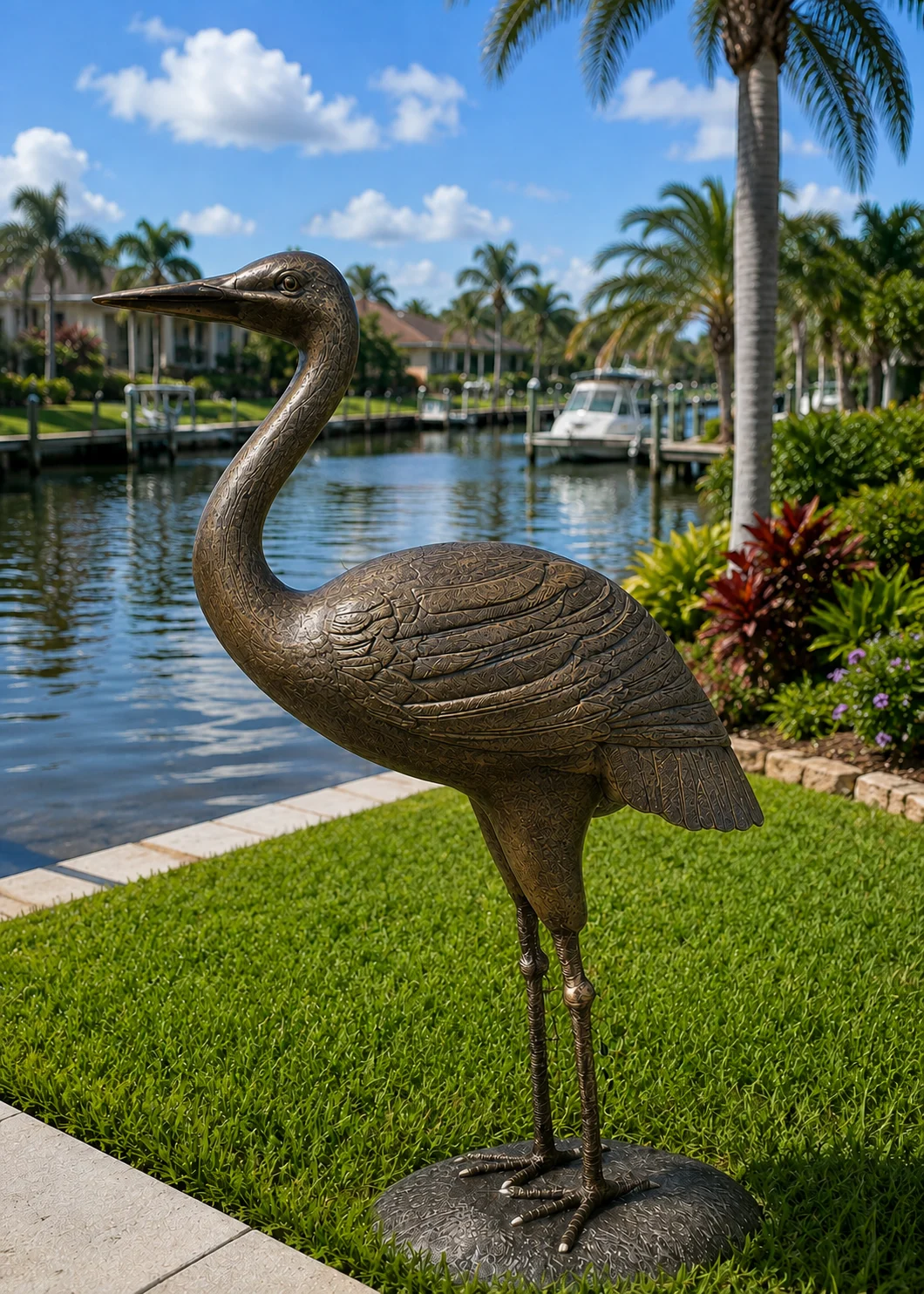 62-Inch Heron Garden Statue in Antique Bronze hand-painted finish displayed in a landscaped outdoor setting