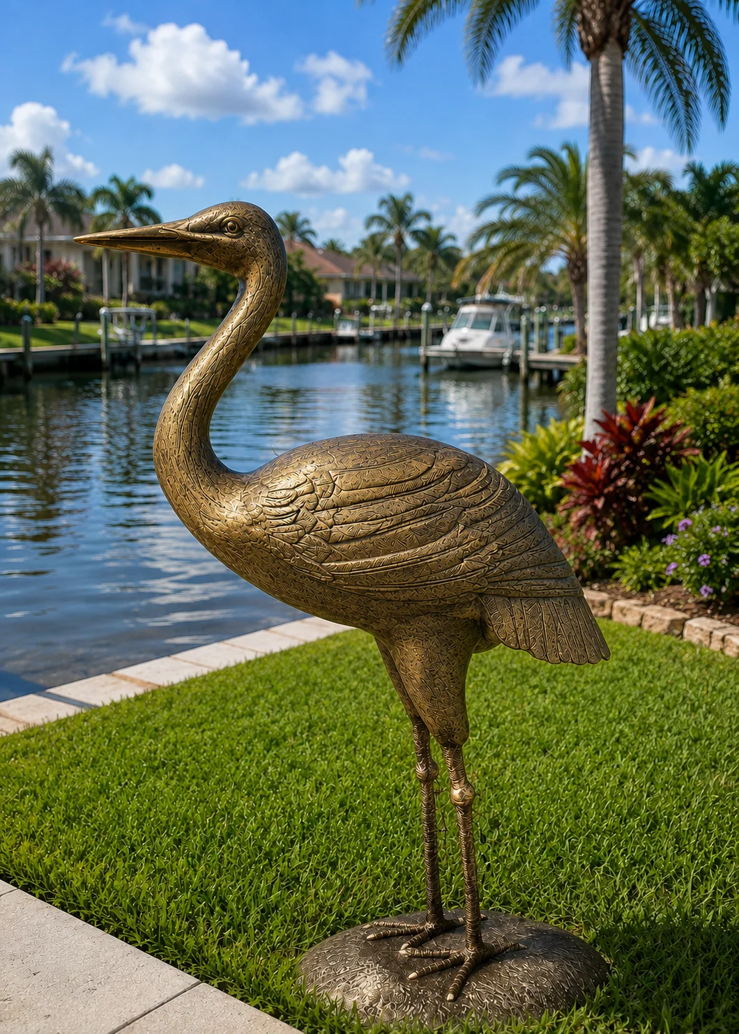 62-Inch Heron Garden Statue in Antique Gold hand-painted finish displayed in a landscaped outdoor setting