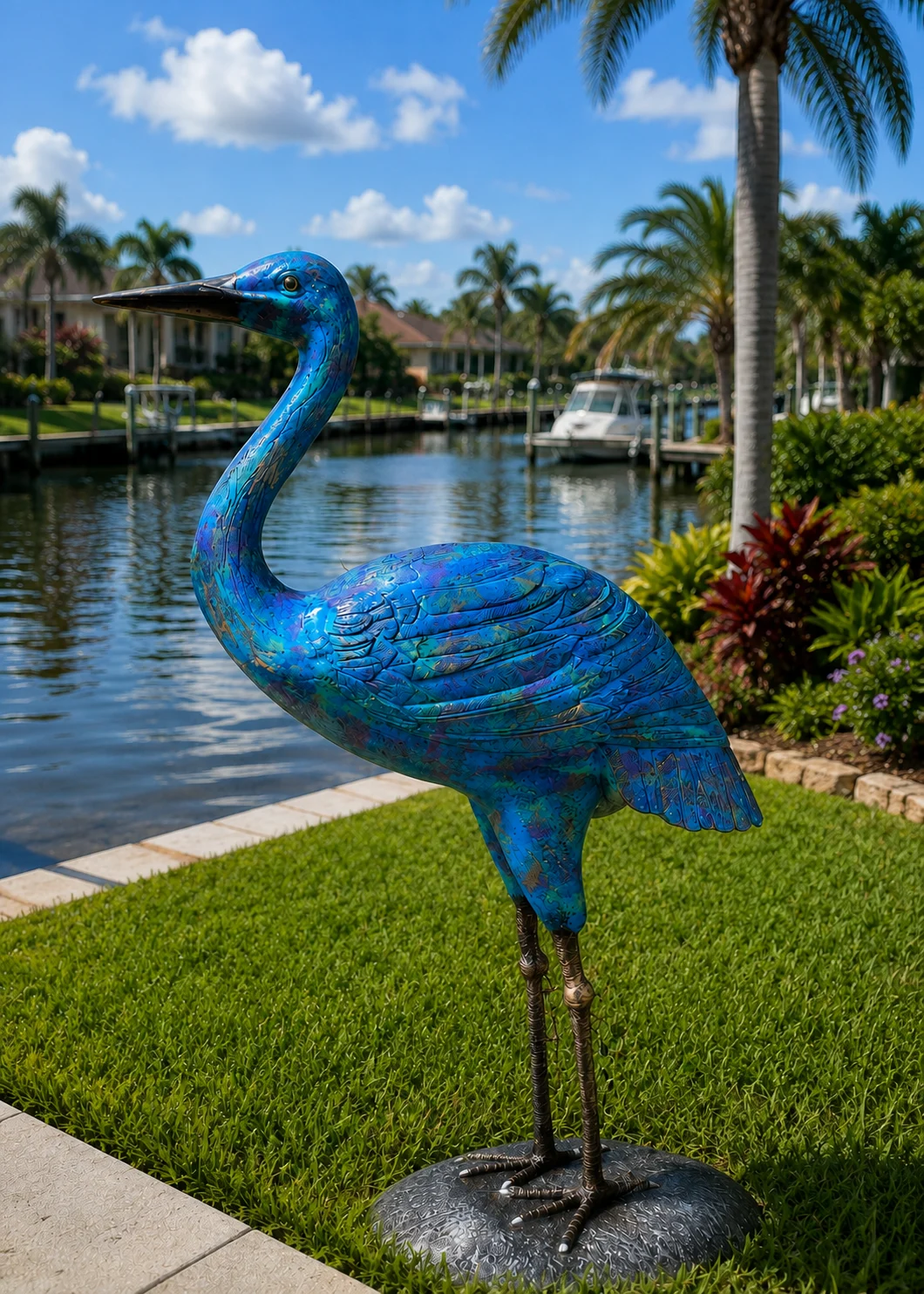 62-Inch Heron Garden Statue in Coastal Blue hand-painted finish displayed in a landscaped outdoor setting