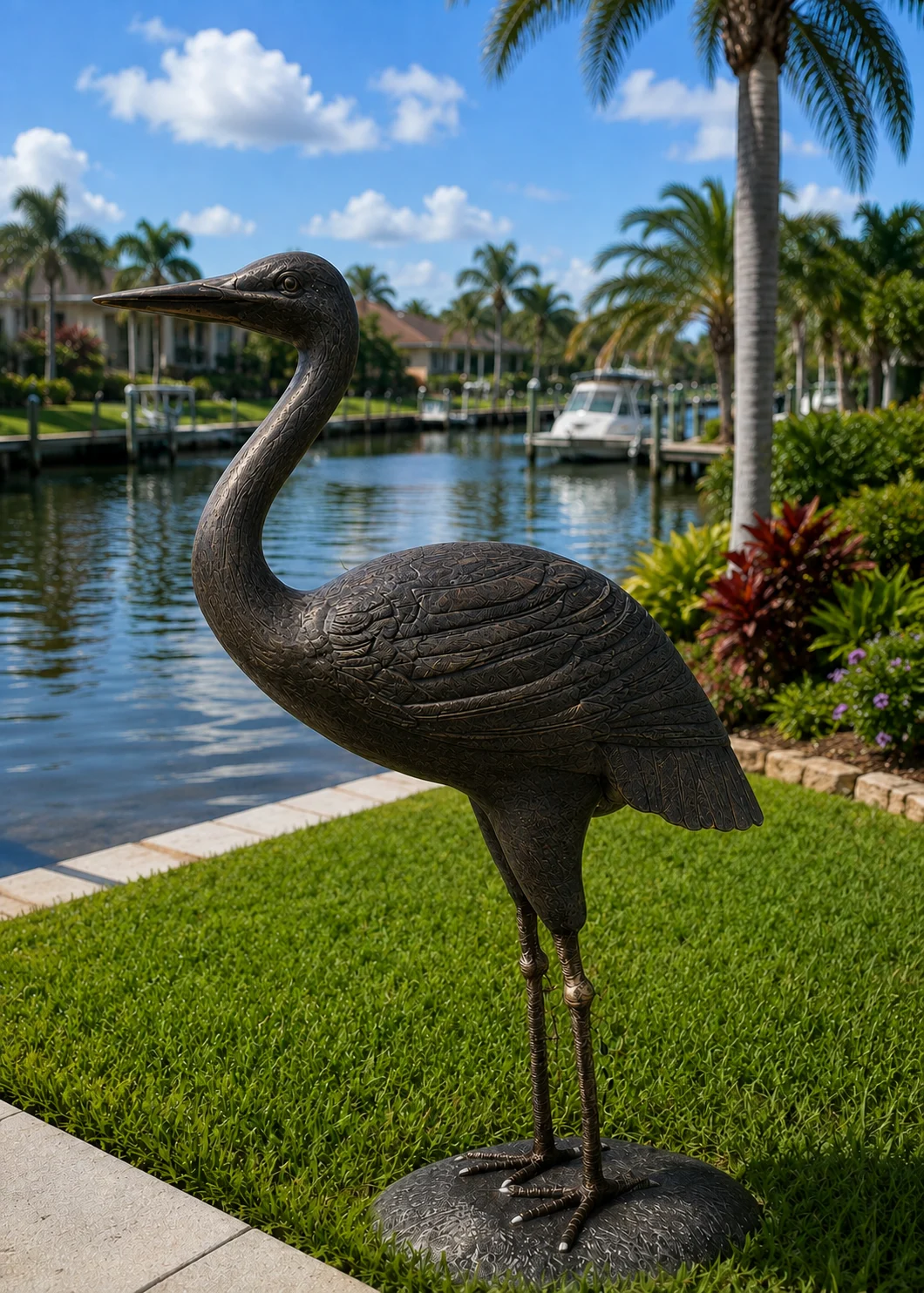 62-Inch Heron Garden Statue in Dark Bronze hand-painted finish displayed in a landscaped outdoor setting