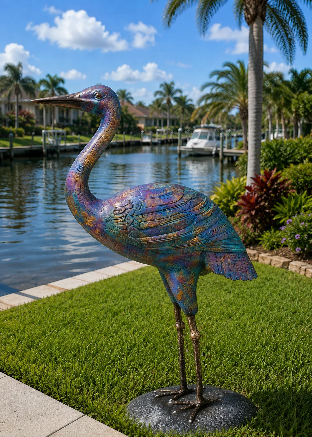 62-Inch Heron Garden Statue in Multi-Color Artisan hand-painted finish displayed in a landscaped outdoor setting