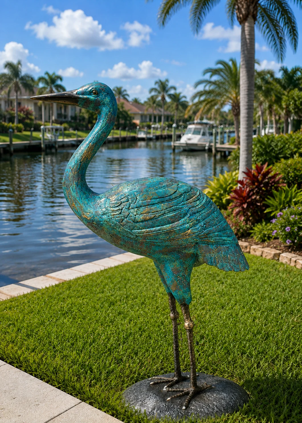 62-Inch Heron Garden Statue in Ocean Patina hand-painted finish displayed in a landscaped outdoor setting