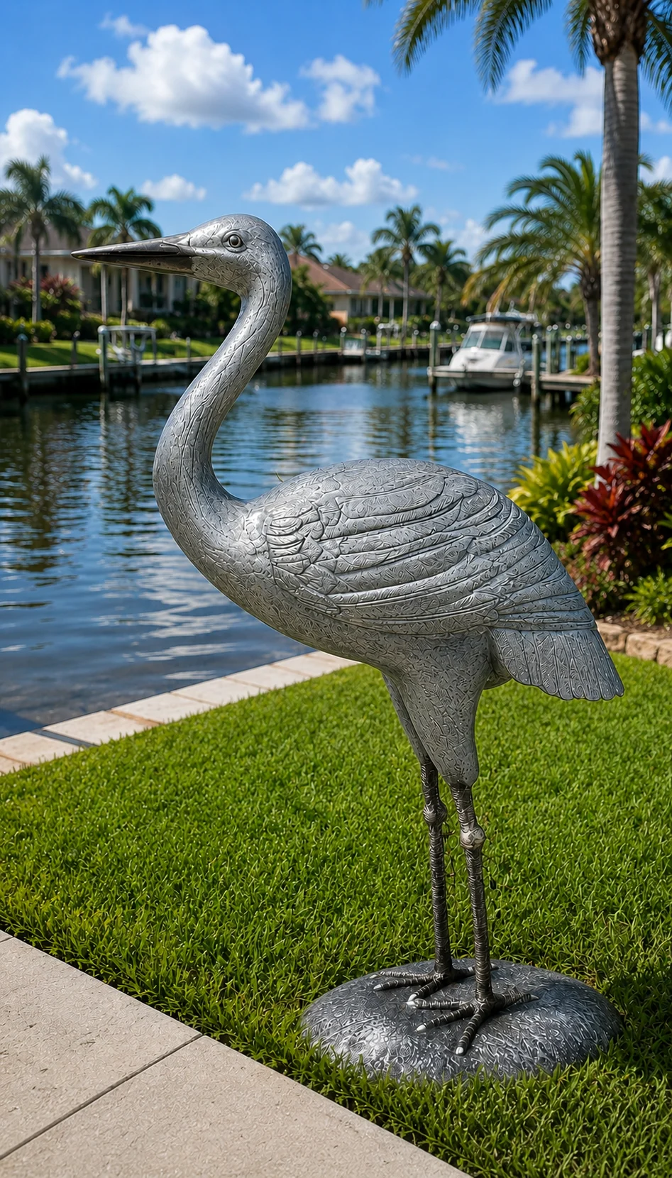 62-Inch Heron Garden Statue in Silver Patina hand-painted finish displayed in a landscaped outdoor setting