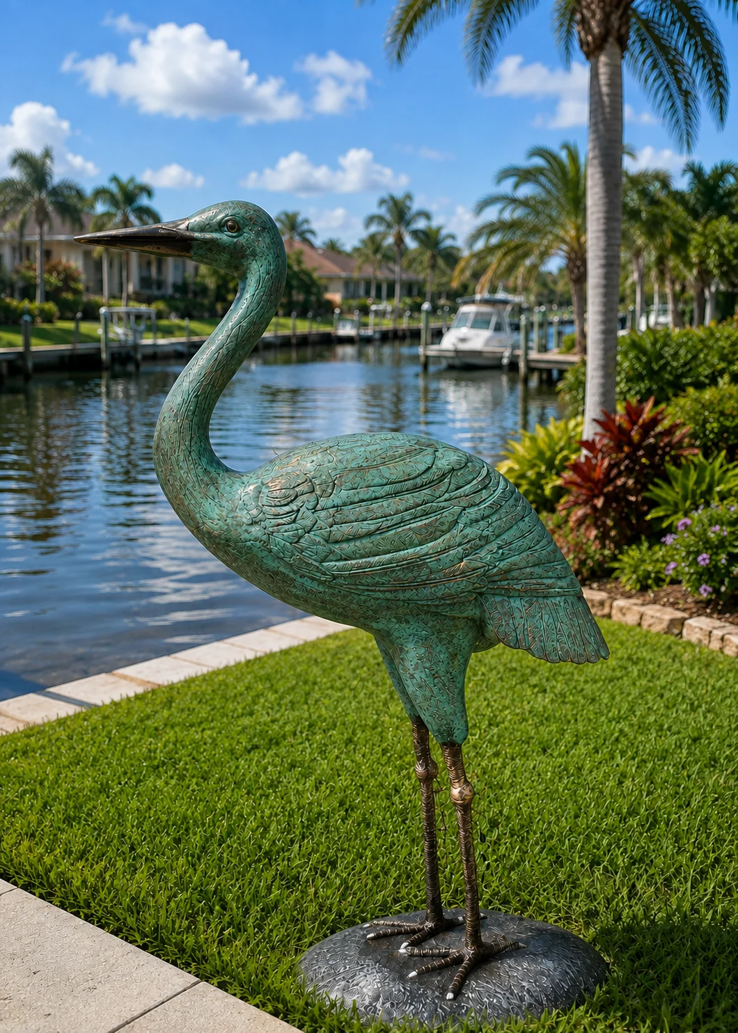 62-Inch Heron Garden Statue in Verdigris Patina hand-painted finish displayed in a landscaped outdoor setting
