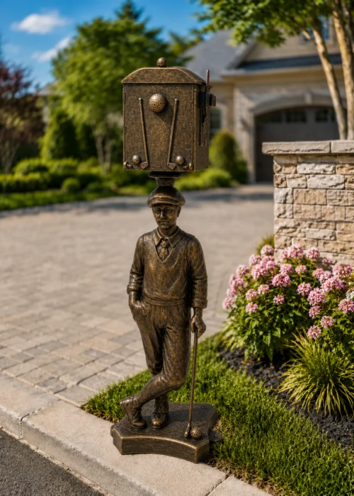 golfer mailbox statue in Antique Bronze finish, hand-painted aluminum outdoor golf mailbox sculpture