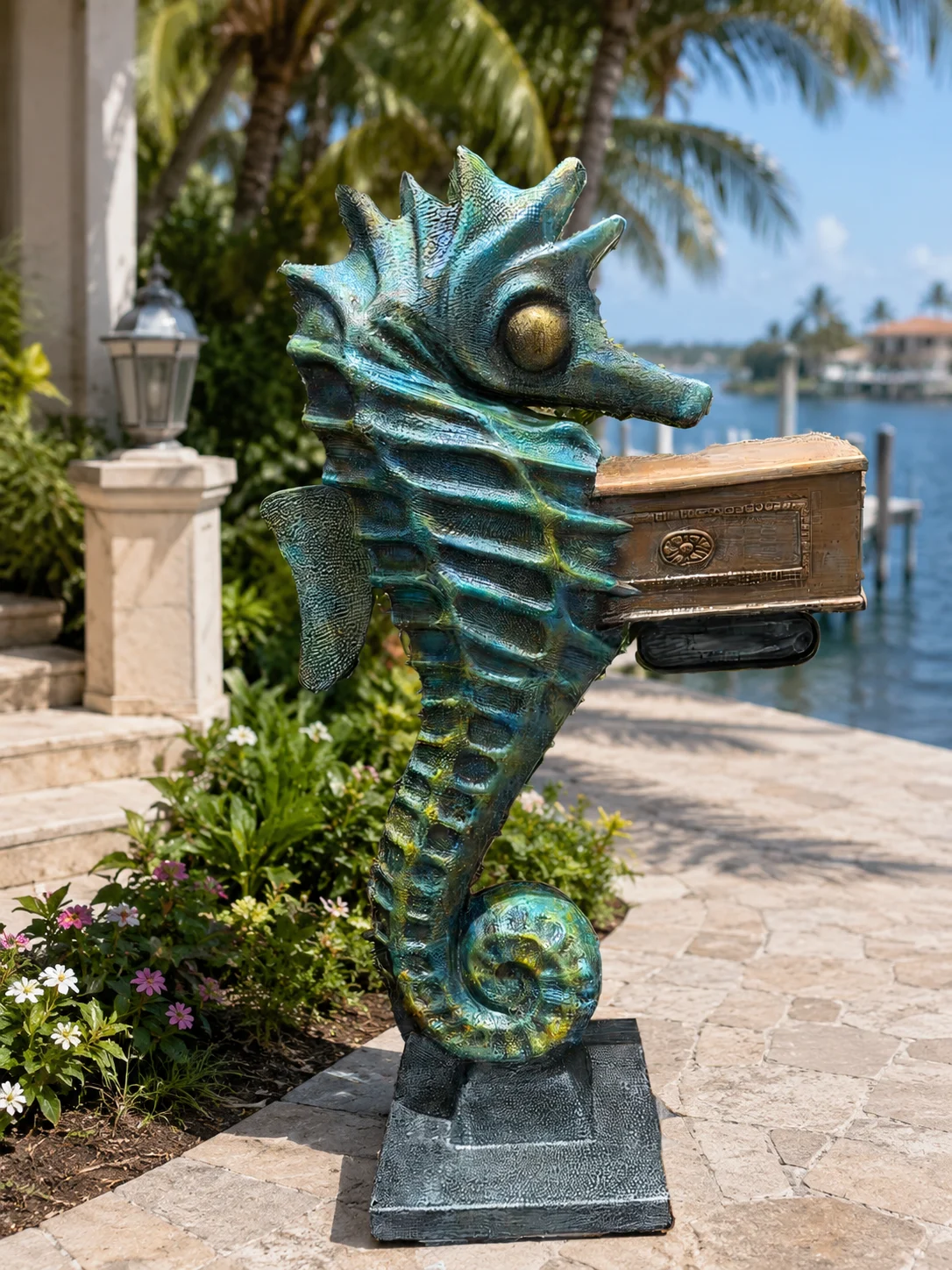 Large Seahorse Mailbox Statue – Hand-Painted Aluminum Outdoor Sculpture