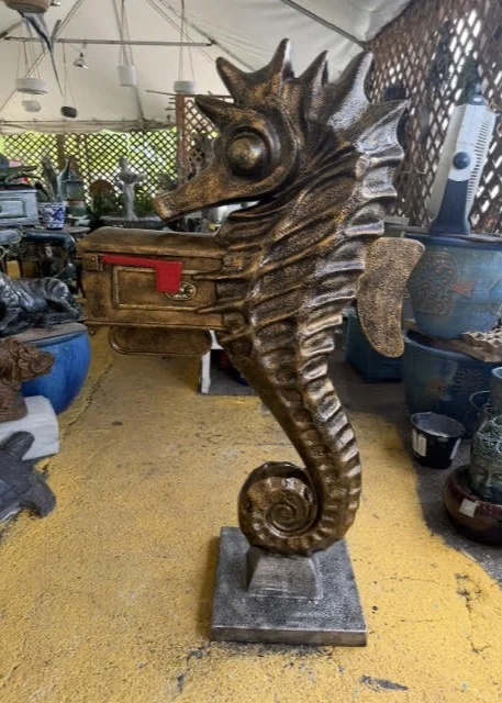 Large seahorse mailbox statue preview in Aged Copper finish for coastal outdoor decor