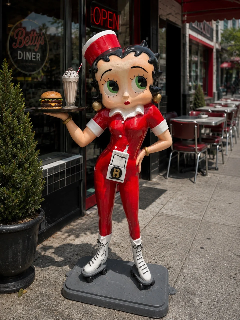 Life-size Betty Boop car hop waitress statue holding tray with burger and milkshake