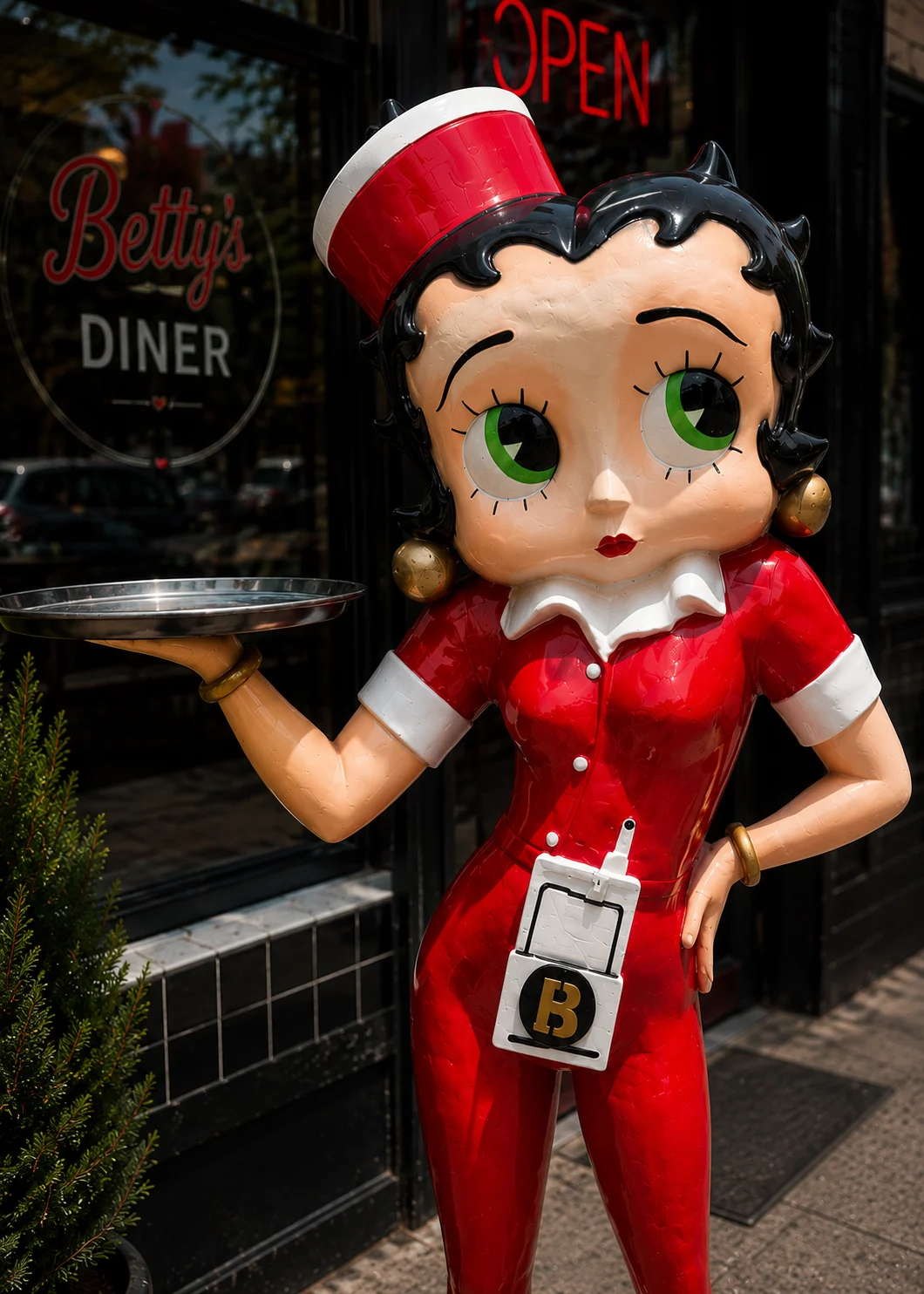 Life-size Betty Boop car hop waitress statue holding tray
