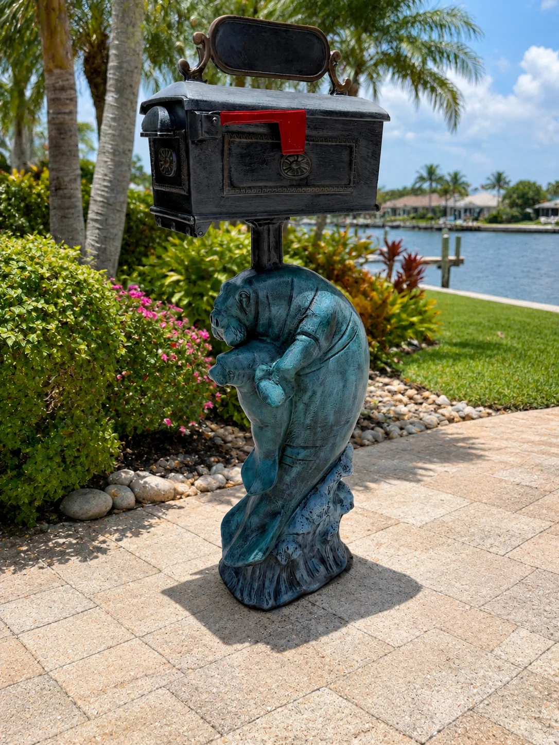 Manatee Mailbox Statue – Mom and Baby Outdoor Aluminum Decor
